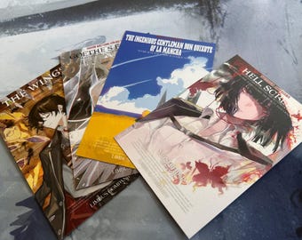 May include: Four rectangular paper prints featuring anime-style illustrations and text. Titles include The Wings, Goethe's Faust, The Ingenious Gentleman Don Quixote of La Mancha, and Hell Scribe. Each print displays distinct character art and color palettes.