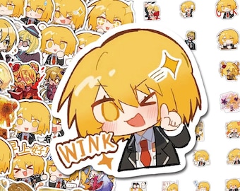 May include: A collection of die-cut stickers featuring a chibi-style character with short yellow hair, wearing a dark blazer and red tie. The central sticker shows the character winking with the text WINK. Various expressions and poses are included.