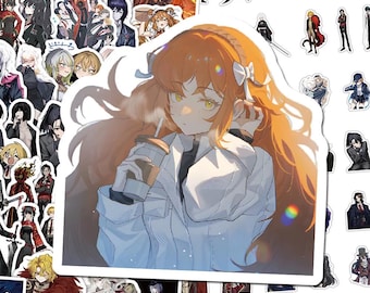 May include: A large sticker featuring an anime-style character with long orange hair and yellow eyes, wearing a white jacket and holding a coffee cup. The sticker is surrounded by a collection of smaller, varied anime character stickers on a white sheet.