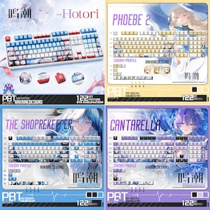 May include: A collection of four sets of 122-key PBT dye-sublimated mechanical keyboard keycaps. Each set features unique anime-style character illustrations, color schemes including blue, white, yellow, and purple, and Cherry profile layouts.