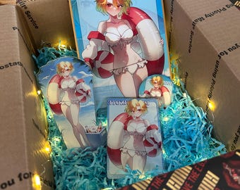 May include: A collection of anime-style merchandise featuring a character with blonde hair in a white bikini and red and white striped swim ring. The set includes a rectangular print labeled DON QUIXOTE, a tall acrylic stand, and a circular pin.