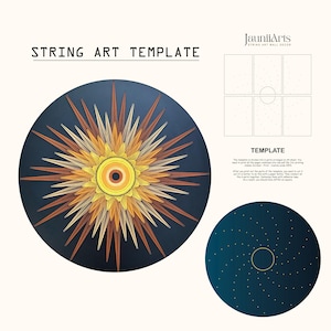 Könnte beinhalten: Eine String-Art-Vorlage mit einem Sonnenmuster auf dunklem blauem Hintergrund. Der Sonnenstrahl besteht aus gelben, orangefarbenen und braunen Elementen. Der Text "STRING ART TEMPLATE" steht oben. Zusätzliche Vorlagen und Anweisungen sind ebenfalls abgebildet.