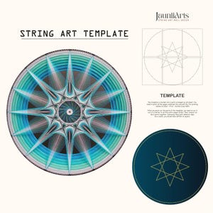 May include: A string art template with a circular design in shades of blue, teal, and gray. The design features a central starburst pattern and the text "STRING ART TEMPLATE". Additional diagrams and a circular design are also included.