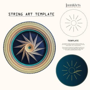 Puede incluir: Plantilla de arte de cuerdas con un diseño circular. La obra de arte presenta anillos concéntricos en varios colores, con un patrón central de estrella. El texto "STRING ART TEMPLATE" está en la parte superior. Se muestran plantillas adicionales.