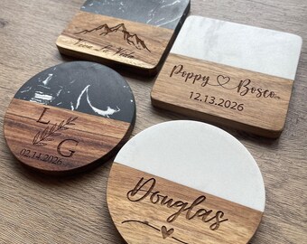 Posavasos personalizados de mármol y madera de acacia, posavasos grabados a medida para parejas, regalo para bodas, aniversarios, inauguraciones de casas y Navidad.