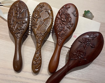 Personalized Wooden Hair Brush, Carved Sandalwood Air Cushion Comb, Bamboo Bristles Scalp Massage Comb, Bridal Shower Gift, Wedding Gift
