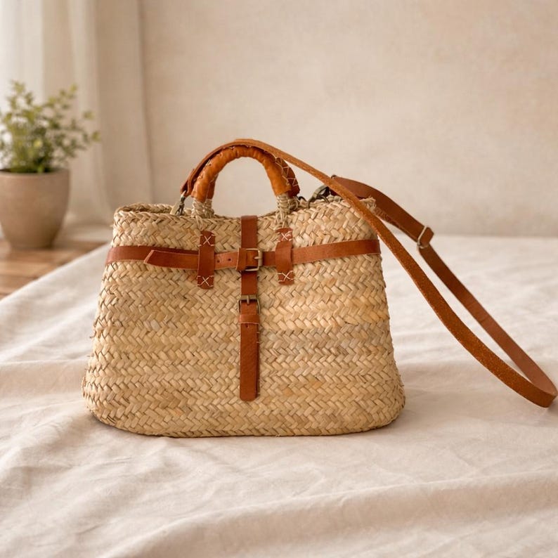 Handmade Moroccan Straw Bag With Leather Straps – Boho Woven Tote for ...