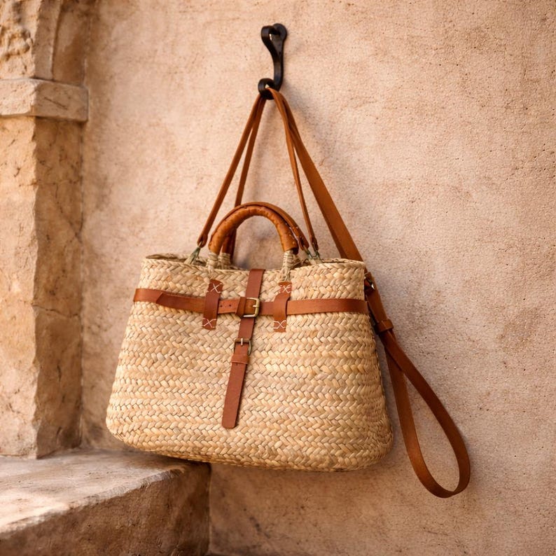 Handmade Moroccan Straw Bag With Leather Straps – Boho Woven Tote for ...