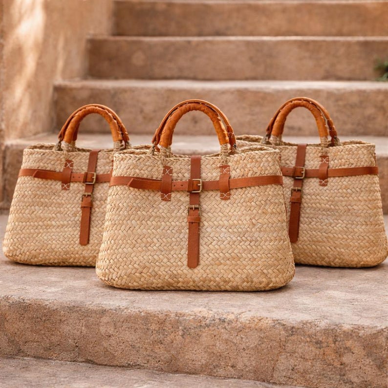 Handmade Moroccan Straw Bag With Leather Straps – Boho Woven Tote for ...
