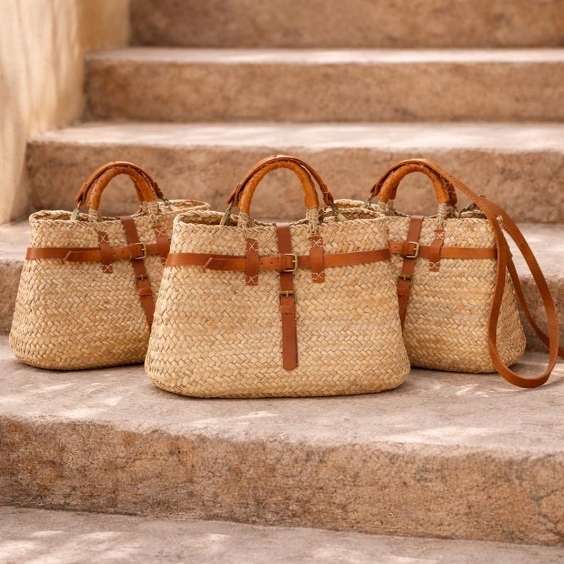 Handmade Moroccan Straw Bag With Leather Straps – Boho Woven Tote for ...