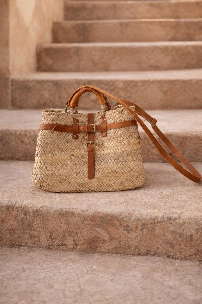 Handmade Moroccan Straw Bag With Leather Straps – Boho Woven Tote for ...