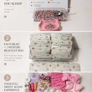 May include: A three-part image showcasing a 'Sweet Scoop' experience. The first section displays a container of colorful beads with a scoop and a pink cat-shaped dish. The second shows mystery bracelet bags. The third reveals bracelets, beauty products, and accessories.