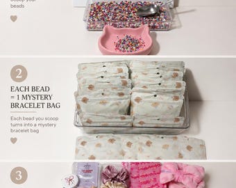 May include: A three-part image showcasing a 'Sweet Scoop' experience. The first section displays a container of colorful beads with a scoop and a pink cat-shaped dish. The second shows mystery bracelet bags. The third reveals bracelets, beauty products, and accessories.