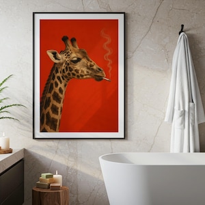 Väggkonst med rökande giraff, roligt djurtryck, eklektisk popkonstdekor, udda zoodjursaffisch, unik modern konst för hemmet eller kontoret