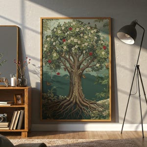 Könnte beinhalten: Ein gerahmter Kunstdruck mit einer detaillierten Illustration eines Baumes mit einem weitläufigen Wurzelsystem, weißen Blüten und roten Früchten. Das Kunstwerk ist vor dem Hintergrund von grünem Laub und blauem Himmel platziert. Der Druck wird in einem Raum mit einem Holzregal und einer schwarzen Stehlampe ausgestellt.