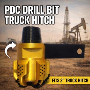 May include: A gold-colored PDC drill bit truck hitch with a black hitch receiver. The drill bit has a threaded top and is designed to fit a 2-inch truck hitch. The text "PDC DRILL BIT TRUCK HITCH" is displayed at the top.