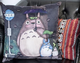 Ghibli style Pillow Cover, Totoro aesthetic cushion cover, japanese design home decor, soft fantasy throwpillow cover, cozy nostalgic decor