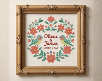Patrón de punto de cruz para boda en PDF: Corona floral con pájaros