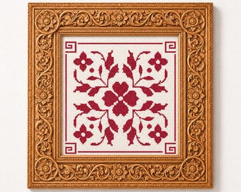 Motif floral rouge au point de croix, PDF, motif floral monochrome