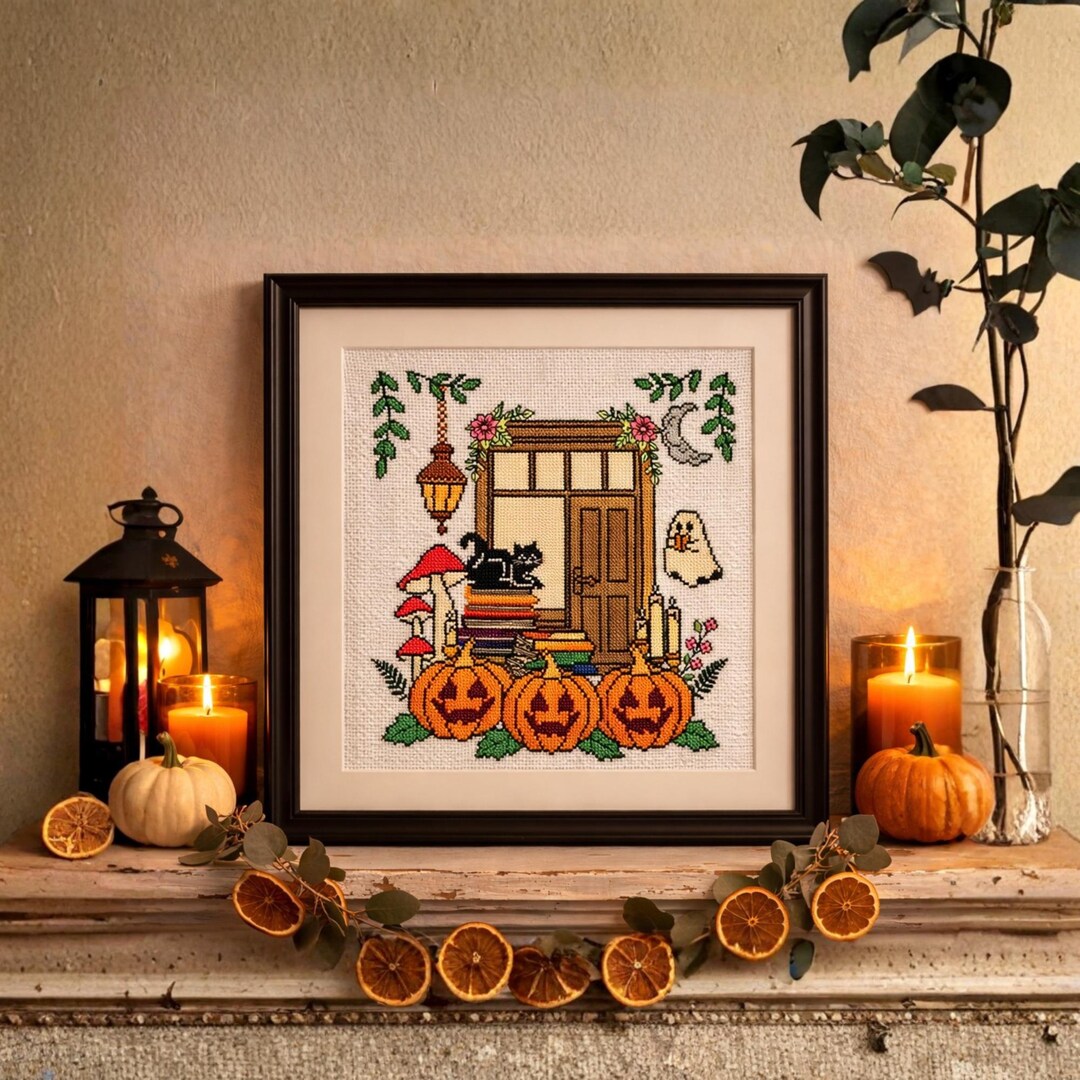 Spooky Cross Stitch Pattern PDF Halloween Bookstore Ghost Chart - Etsy