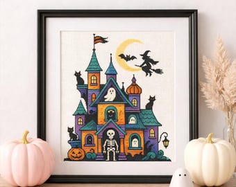 Halloween Haunted House Gothic and Counted Kreuzstichmuster: PDF-Stickerei digitaler Download