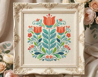 Folk Art Tulip Cross Stitch PDF Counted Chart Floral Embroidery
