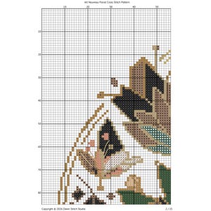 K&ouml;nnte beinhalten: Ein Kreuzstichmuster mit dem Titel Art Nouveau Floral Cross Stitch Pattern, das ein Raster mit nummerierten Achsen zeigt. Das Design zeigt stilisierte Blumenmotive in Schwarz, Hellbraun, Gr&uuml;n und Rosa, mit Copyright 2026 Dawn Stitch Studio unten.