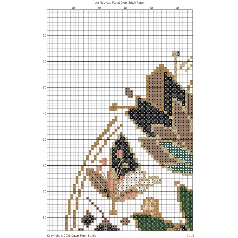 K&ouml;nnte beinhalten: Ein Kreuzstichmuster mit dem Titel Art Nouveau Floral Cross Stitch Pattern, das ein Raster mit nummerierten Achsen zeigt. Das Design zeigt stilisierte Blumenmotive in Schwarz, Hellbraun, Gr&uuml;n und Rosa, mit Copyright 2026 Dawn Stitch Studio unten.