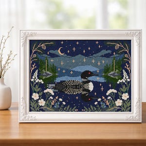May include: A framed cross-stitch embroidery depicting a loon swimming on a dark blue lake at night. The scene features a crescent moon, stars, pine trees, and white flowers in a decorative white frame with ornate corner details.