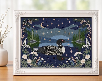Loon Lake Cross Stitch Pattern PDF Counted Chart Bird Nature DMC Download