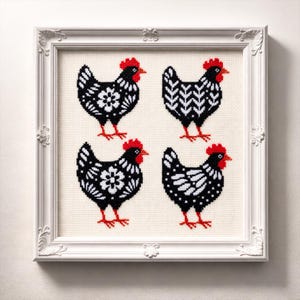 Patrón de punto de cruz de pollo floral en PDF, gráfico de bordado contado, diseño de gallina popular