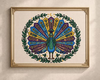 Modèle de point de croix paon PDF, plumes d'oiseaux comptées, téléchargement numérique
