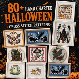 Könnte beinhalten: Eine Sammlung von über 80 handgezeichneten Halloween-Kreuzstichmustern in verschiedenen Rahmen und Stickrahmen. Die Motive zeigen einen Geist im Glas, ein Skelett mit Gitarre, schwarze Katzen, einen Raben, ein Spukhaus sowie Herbstblätter und Kürbisse.