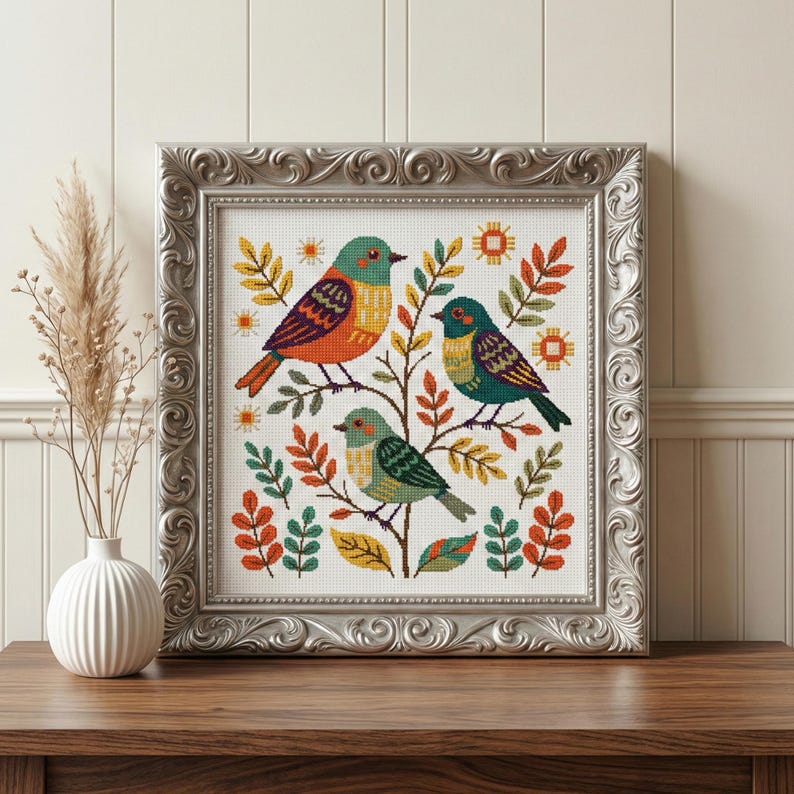 Birds Folk Art Cross Stitch Pattern PDF Digital Embroidery Chart