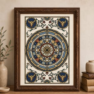 May include: A framed cross-stitch embroidery featuring a central circular mandala design with zodiac symbols in shades of blue, gold, and red. Four circular corners each contain a golden bull head on a blue background, all set in a dark wood frame.