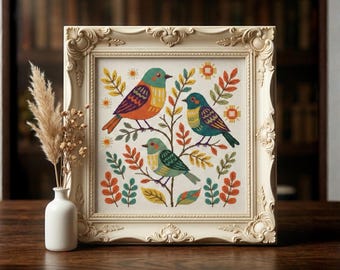 Patrón de punto de cruz de arte popular de aves (PDF) Gráfico de bordado digital
