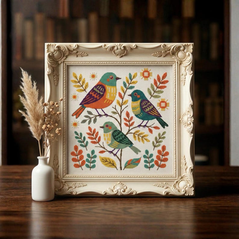Birds Folk Art Cross Stitch Pattern PDF Digital Embroidery Chart