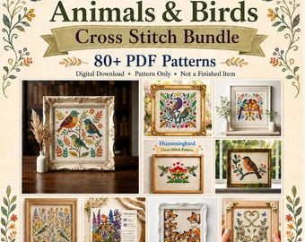 Lot de PDF au point de croix d'animaux et d'oiseaux d'art populaire