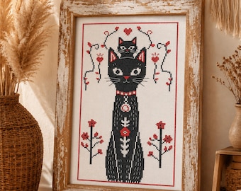 Chat noir, motif point de croix PDF, tableau floral art folklorique