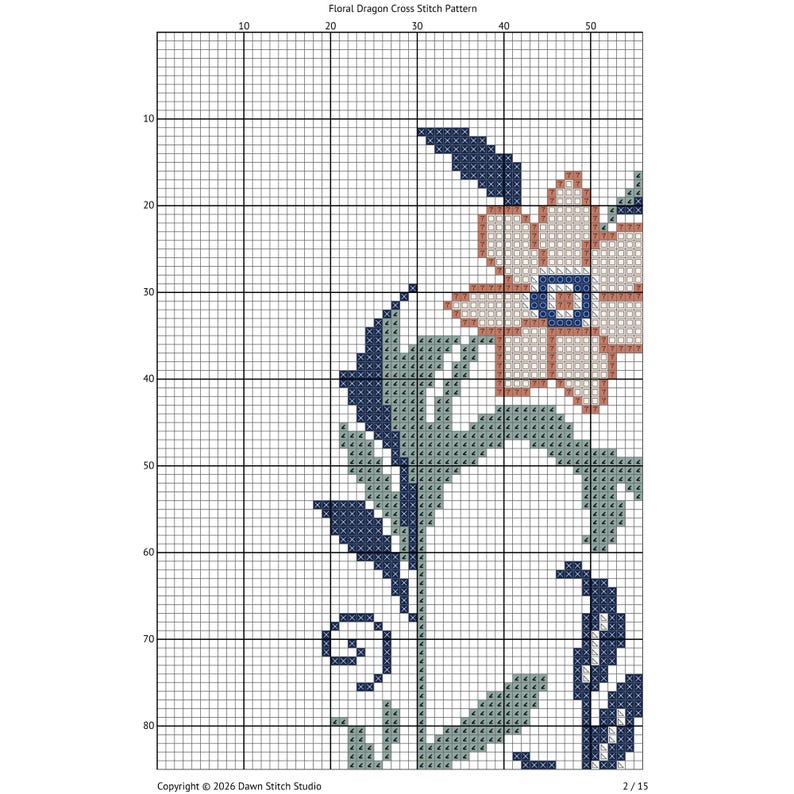 May include: A cross stitch pattern titled Floral Dragon Cross Stitch Pattern, featuring a grid with a floral design in shades of navy blue, sage green, and dusty rose. The chart includes numbered axes and copyright text by Dawn Stitch Studio.