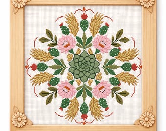 Mandala, point de croix, motif PDF, tableau compté botanique floral en téléchargement numérique
