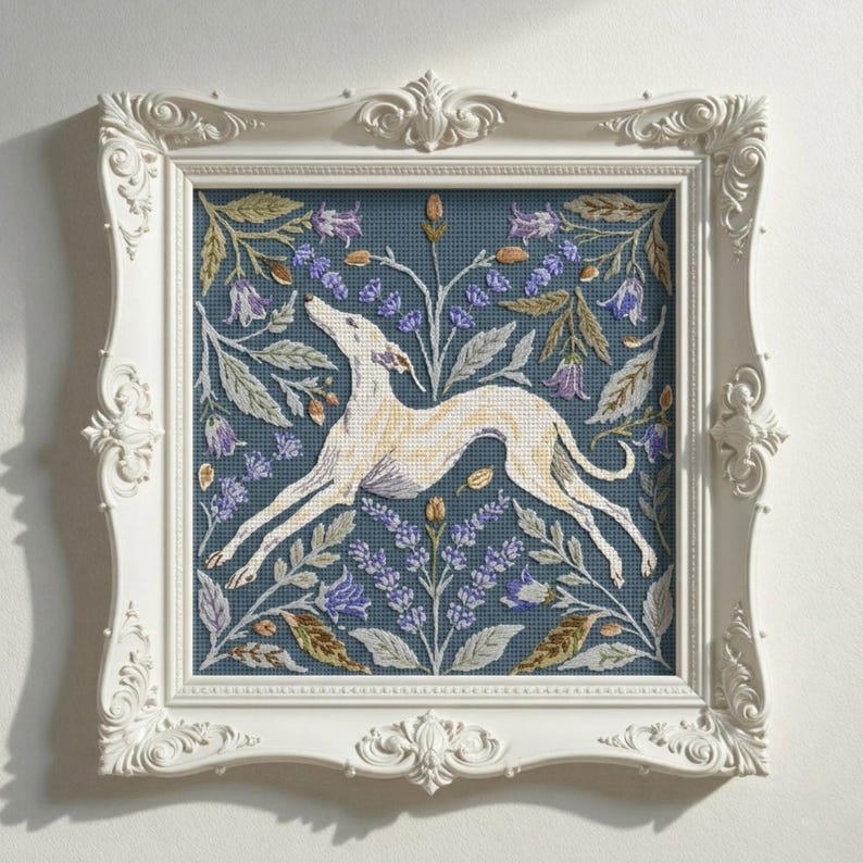 Greyhound Dog Cross Stitch Pattern PDF – Counted Floral Botanical Chart