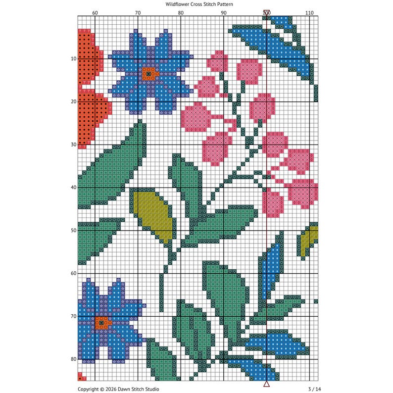 May include: A cross-stitch pattern featuring a floral design with blue, pink, green, and orange elements on a white background. The pattern includes flowers, leaves, and berries. The text "Wildflower Cross Stitch Pattern" is at the top.
