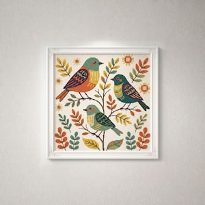 Birds Folk Art Cross Stitch Pattern PDF Digital Embroidery Chart