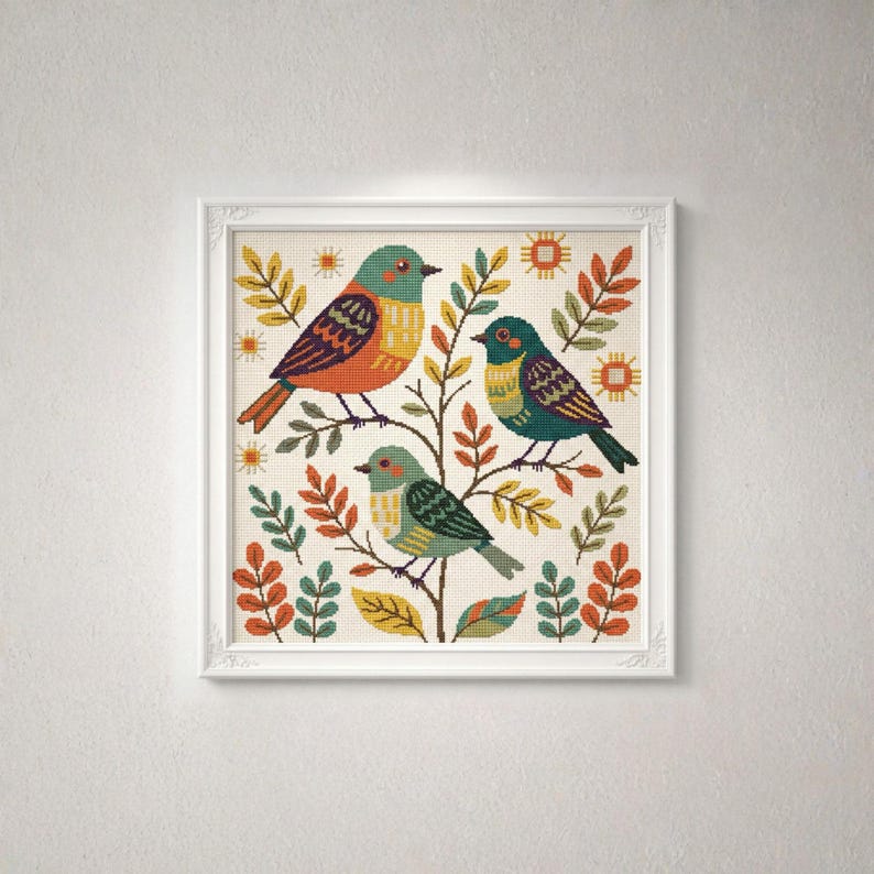 Birds Folk Art Cross Stitch Pattern PDF Digital Embroidery Chart