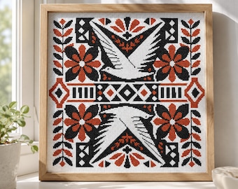 Grue, motif de point de croix PDF, oiseau floral folklorique