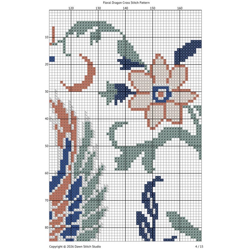 May include: A cross stitch pattern titled Floral Dragon Cross Stitch Pattern featuring a grid with numbered axes. The design displays a floral motif in shades of dusty pink, sage green, and navy blue, organised into a square grid for embroidery.