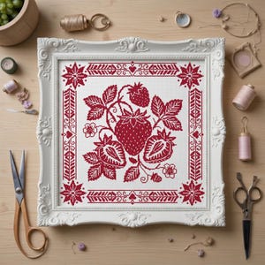 May include: A framed cross-stitch embroidery featuring a red strawberry design on a white background. The strawberries are surrounded by leaves and flowers, with a decorative border. The frame is white and ornate.