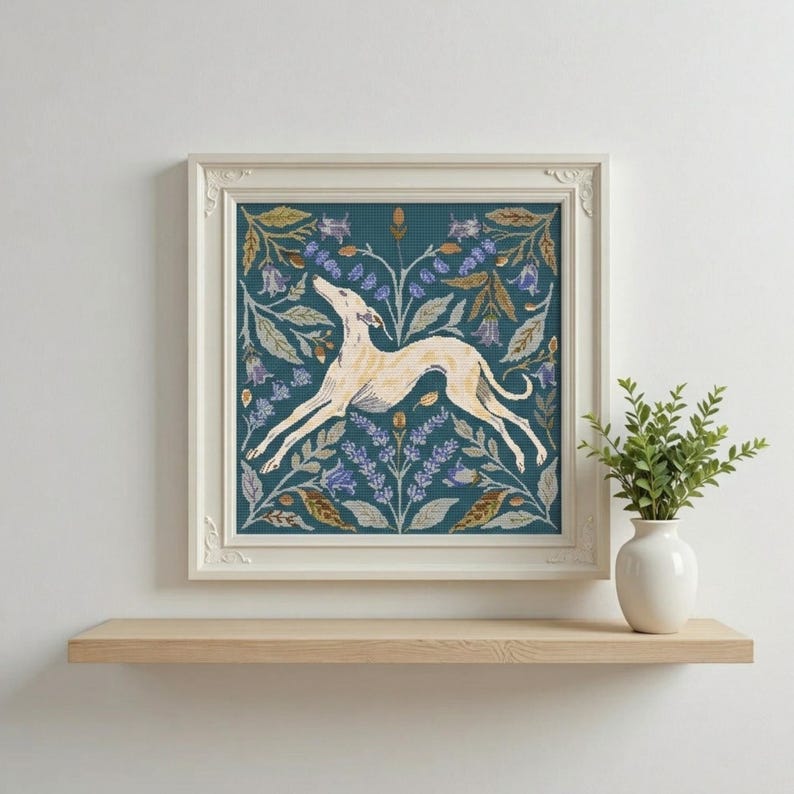Greyhound Dog Cross Stitch Pattern PDF – Counted Floral Botanical Chart