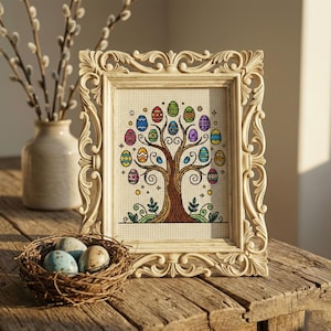 May include: A cream-coloured, ornate framed cross-stitch of a tree decorated with colourful Easter eggs. A small nest with speckled eggs sits in front of the frame, which is on a wooden surface. A vase of branches is in the background.